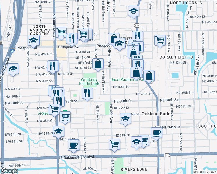 map of restaurants, bars, coffee shops, grocery stores, and more near 4019 Northeast 40th Court in Oakland Park