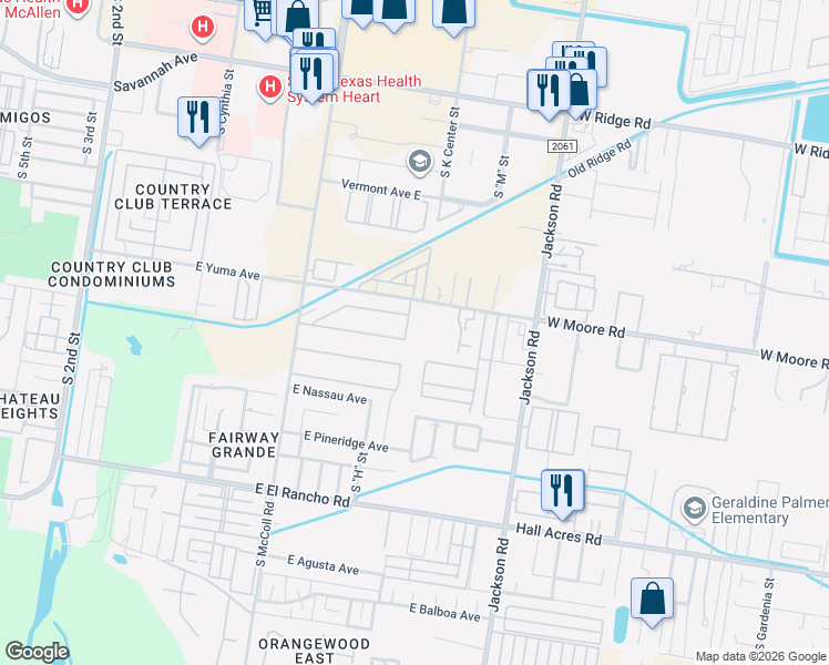 map of restaurants, bars, coffee shops, grocery stores, and more near 2505 South J Street in McAllen