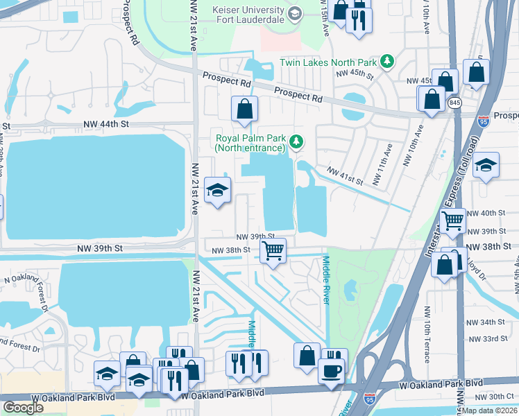 map of restaurants, bars, coffee shops, grocery stores, and more near 1798 Northwest 40th Street in Oakland Park