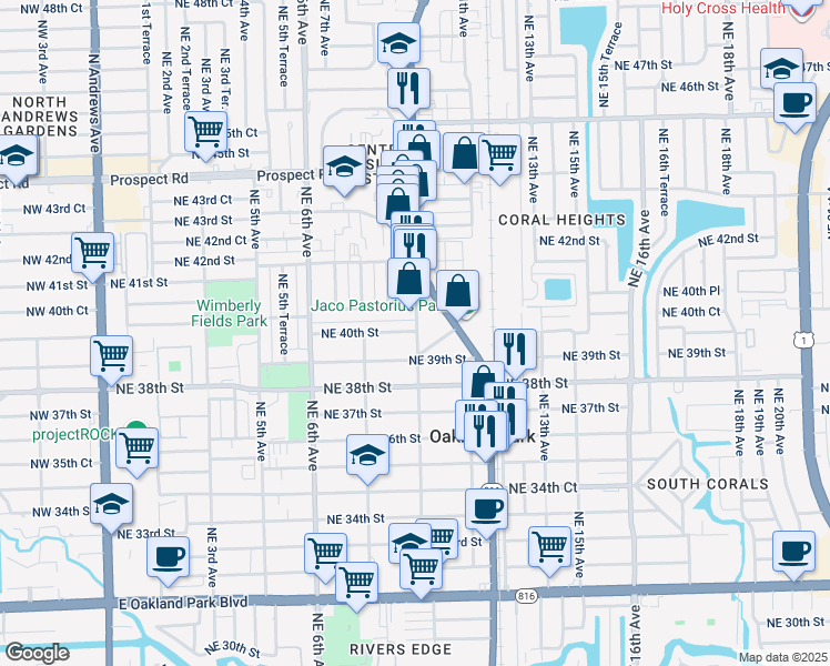 map of restaurants, bars, coffee shops, grocery stores, and more near 4030 Northeast 10th Avenue in Oakland Park