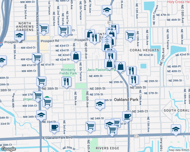 map of restaurants, bars, coffee shops, grocery stores, and more near 698 Northeast 40th Court in Oakland Park