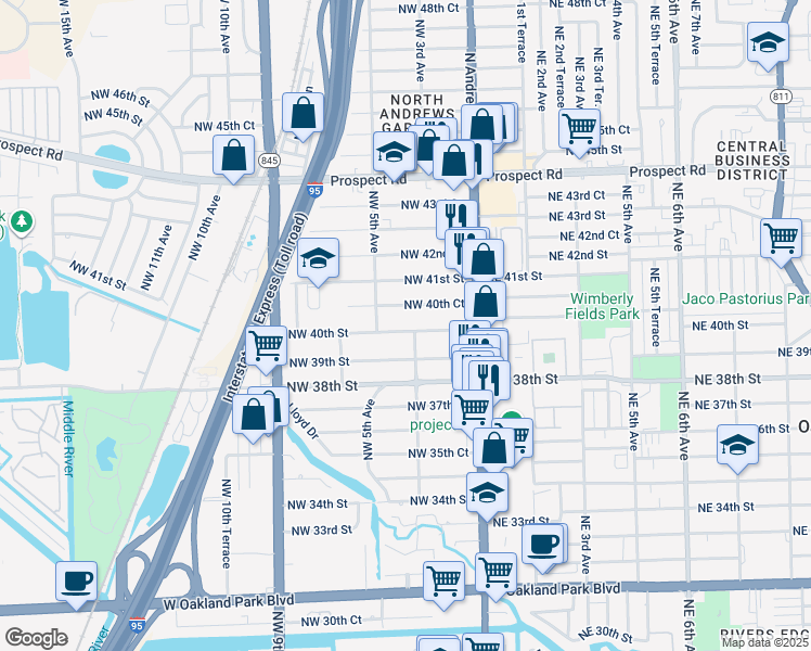 map of restaurants, bars, coffee shops, grocery stores, and more near 364 Northwest 40th Court in Oakland Park
