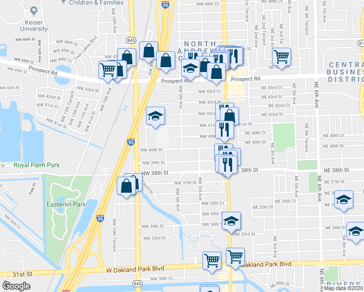 map of restaurants, bars, coffee shops, grocery stores, and more near 4027 Northwest 5th Avenue in Oakland Park