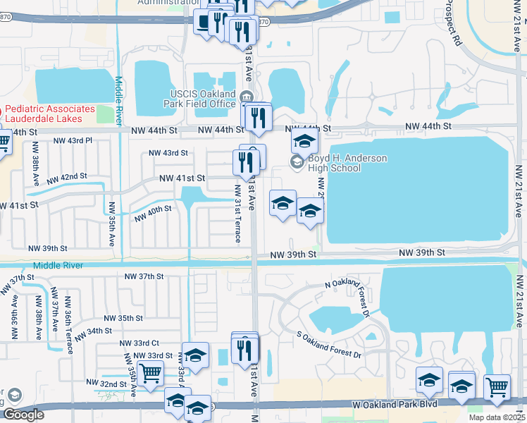 map of restaurants, bars, coffee shops, grocery stores, and more near 4021 Northwest 30th Terrace in Lauderdale Lakes