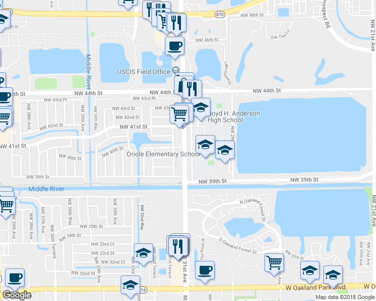 map of restaurants, bars, coffee shops, grocery stores, and more near 4021 Northwest 30th Terrace in Lauderdale Lakes