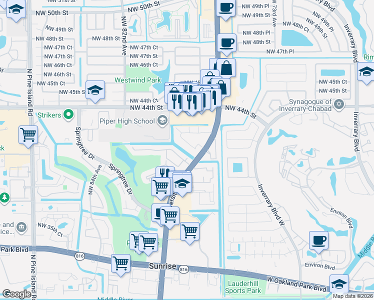 map of restaurants, bars, coffee shops, grocery stores, and more near 7649 Northwest 42nd Place in Sunrise