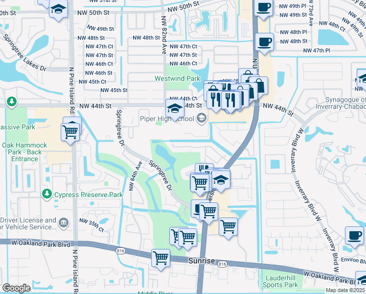 map of restaurants, bars, coffee shops, grocery stores, and more near 7963 Northwest 41st Court in Sunrise