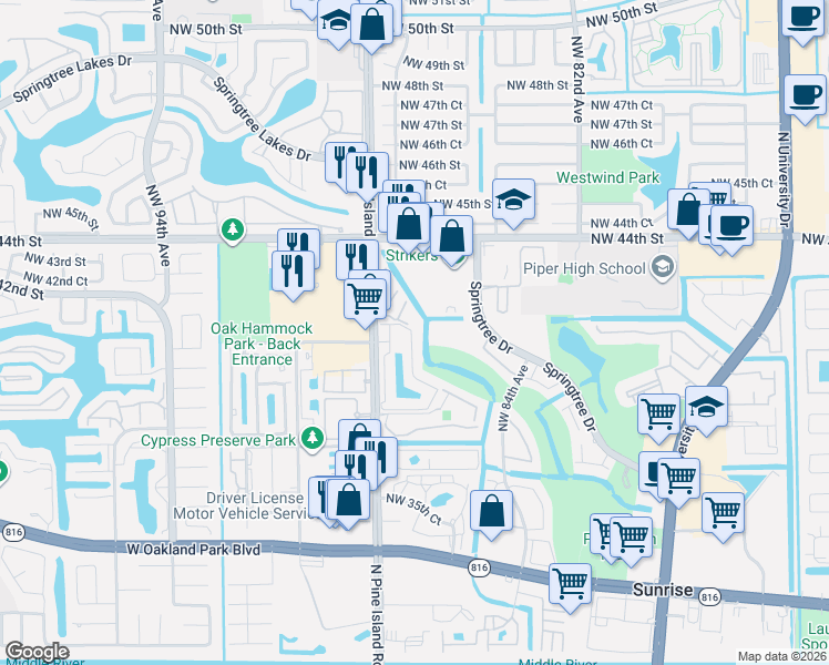 map of restaurants, bars, coffee shops, grocery stores, and more near 4108 North Pine Island Road in Sunrise