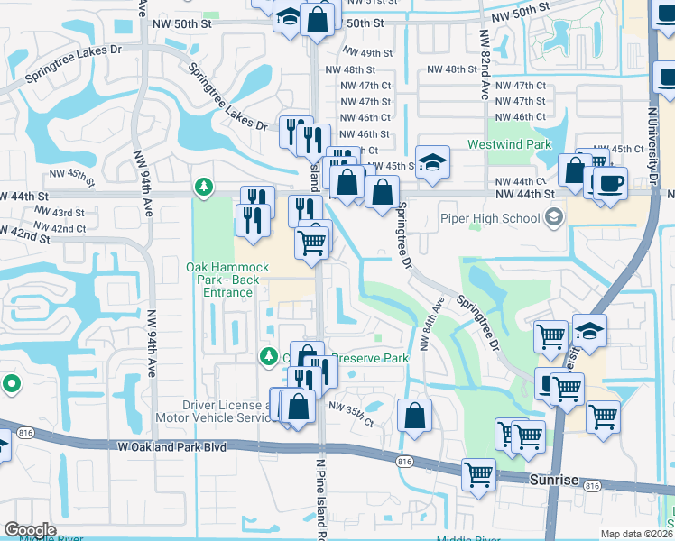 map of restaurants, bars, coffee shops, grocery stores, and more near 4108 North Pine Island Road in Sunrise