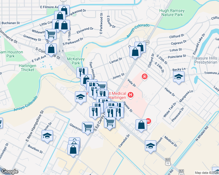 map of restaurants, bars, coffee shops, grocery stores, and more near 1902 Runnels Street in Harlingen