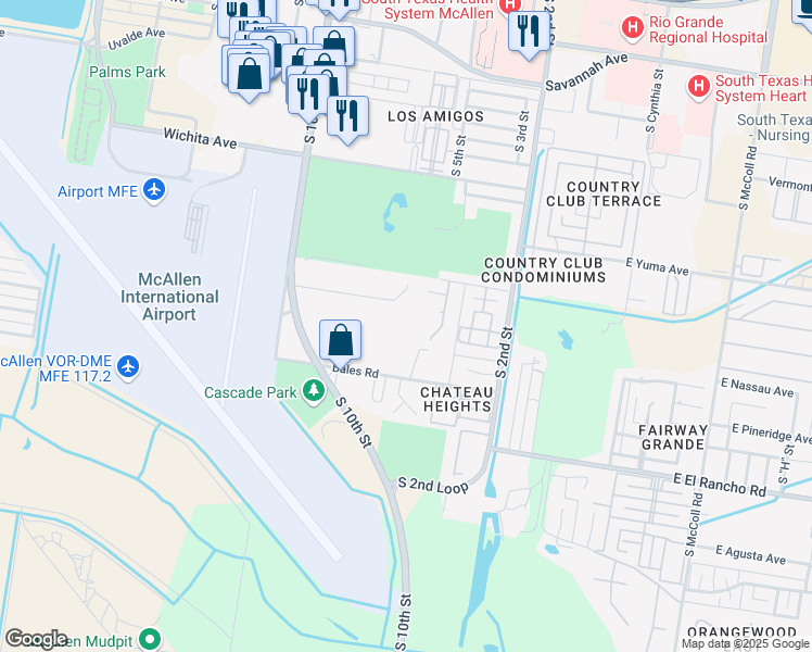 map of restaurants, bars, coffee shops, grocery stores, and more near 600 Sunset Drive in McAllen