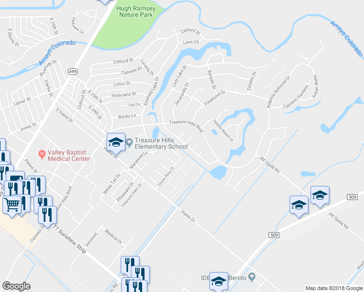 map of restaurants, bars, coffee shops, grocery stores, and more near 2201 Lazy Lake Drive in Harlingen