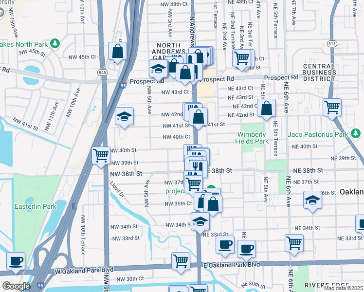 map of restaurants, bars, coffee shops, grocery stores, and more near 161 Northwest 40th Street in Oakland Park