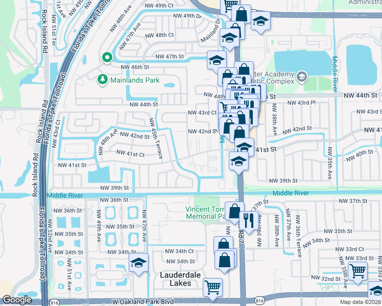 map of restaurants, bars, coffee shops, grocery stores, and more near 4141 Northwest 41st Street in Lauderdale Lakes