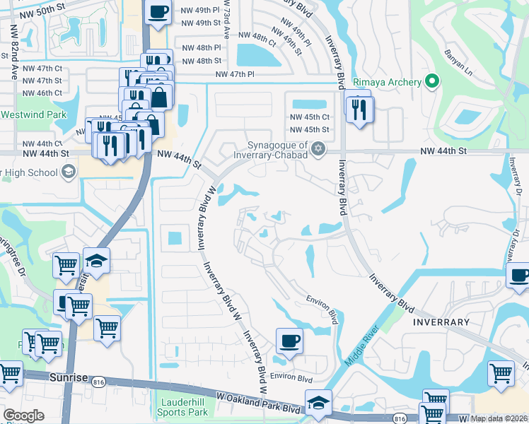 map of restaurants, bars, coffee shops, grocery stores, and more near 7051 Environ Boulevard in Lauderhill