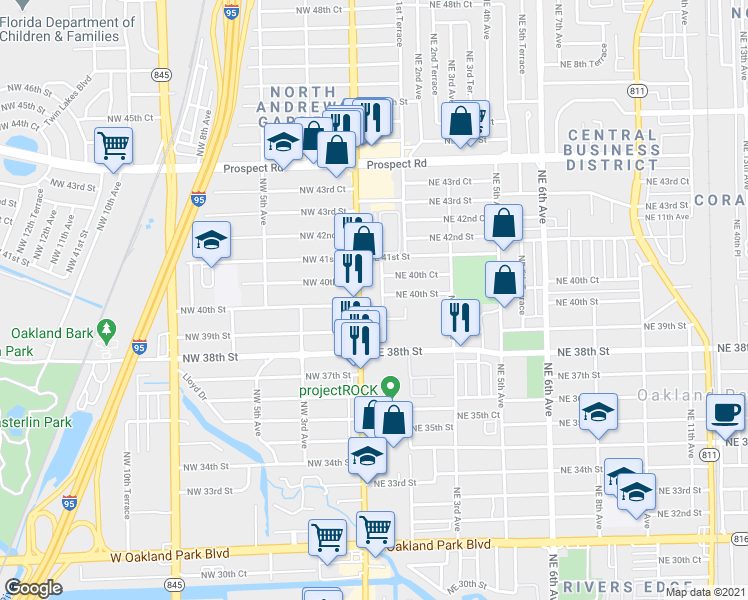 map of restaurants, bars, coffee shops, grocery stores, and more near 4000 North Andrews Avenue in Oakland Park