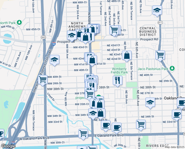 map of restaurants, bars, coffee shops, grocery stores, and more near 4000 North Andrews Avenue in Oakland Park