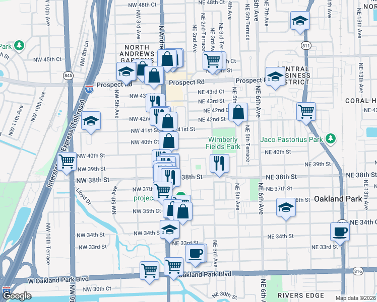 map of restaurants, bars, coffee shops, grocery stores, and more near 4050 Northeast 1st Avenue in Oakland Park