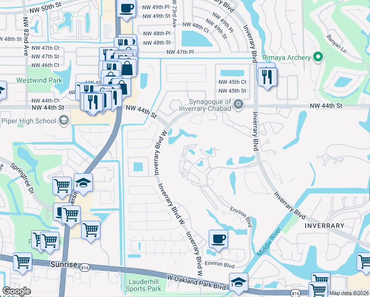 map of restaurants, bars, coffee shops, grocery stores, and more near 7400 Radice Court in Lauderhill
