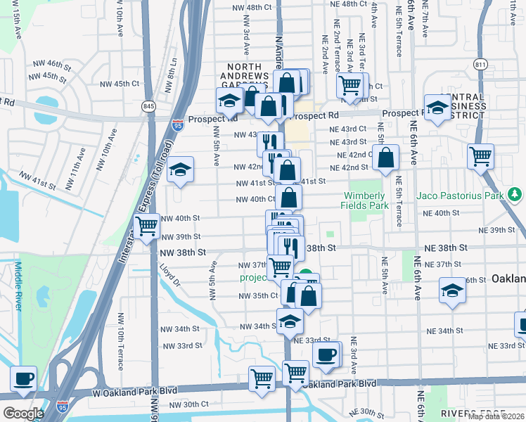 map of restaurants, bars, coffee shops, grocery stores, and more near 146 Northwest 40th Court in Oakland Park