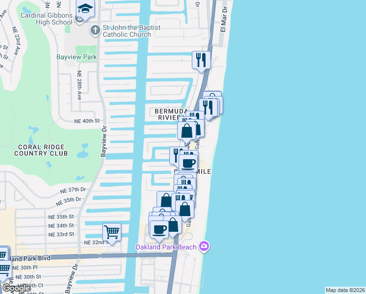 map of restaurants, bars, coffee shops, grocery stores, and more near 4000 Northeast 34th Avenue in Fort Lauderdale