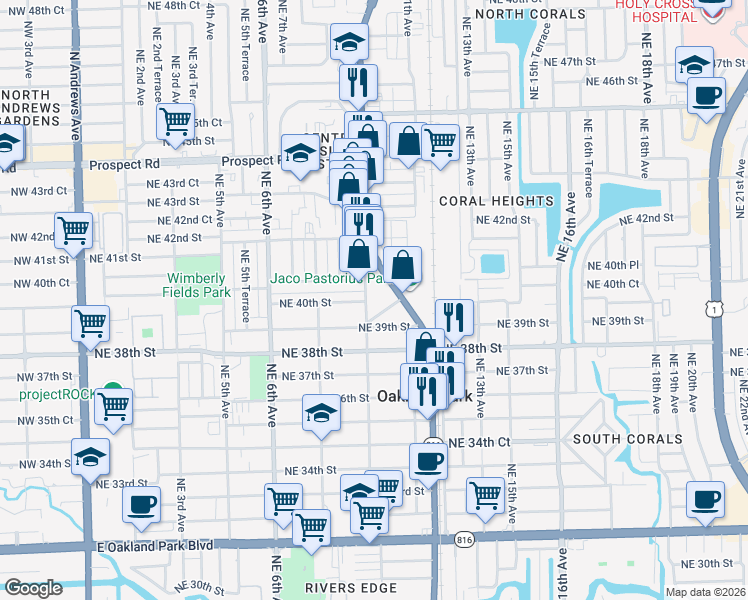 map of restaurants, bars, coffee shops, grocery stores, and more near 4030 Northeast 10th Avenue in Oakland Park