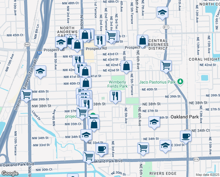 map of restaurants, bars, coffee shops, grocery stores, and more near 261 Northeast 40th Street in Oakland Park