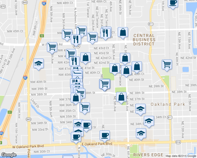 map of restaurants, bars, coffee shops, grocery stores, and more near 261 Northeast 40th Street in Oakland Park