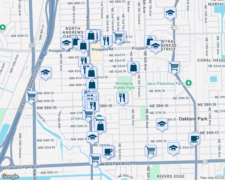 map of restaurants, bars, coffee shops, grocery stores, and more near 261 Northeast 40th Street in Oakland Park