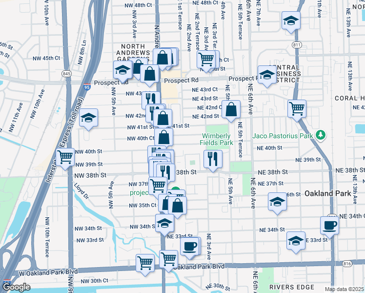map of restaurants, bars, coffee shops, grocery stores, and more near 4050 Northeast 1st Avenue in Oakland Park