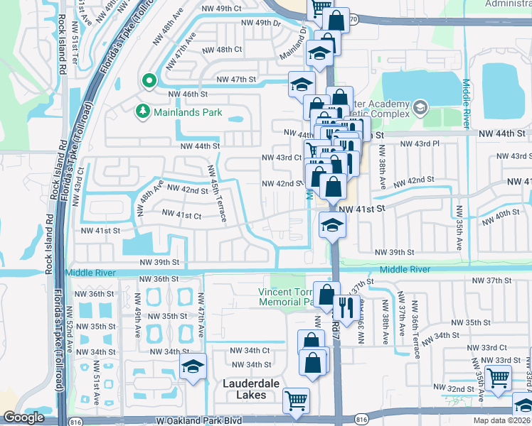 map of restaurants, bars, coffee shops, grocery stores, and more near 4141 Northwest 44th Avenue in Lauderdale Lakes