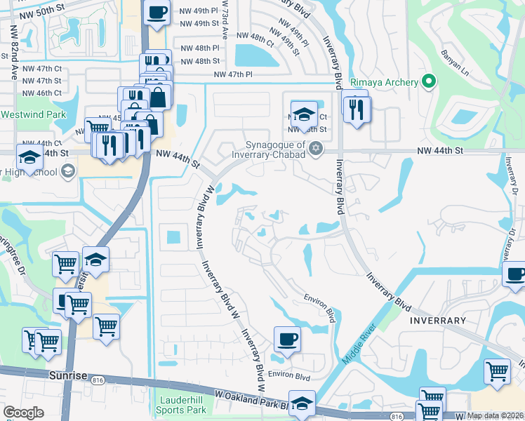 map of restaurants, bars, coffee shops, grocery stores, and more near 7051 Environ Boulevard in Lauderhill
