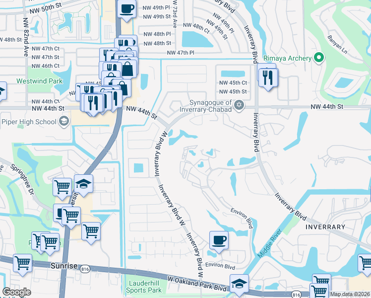 map of restaurants, bars, coffee shops, grocery stores, and more near 7400 Radice Court in Lauderhill