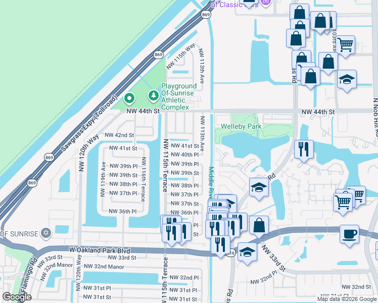 map of restaurants, bars, coffee shops, grocery stores, and more near 4110 Northwest 113th Terrace in Sunrise