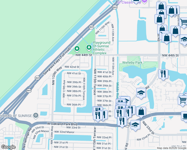 map of restaurants, bars, coffee shops, grocery stores, and more near 4081 Northwest 115th Terrace in Sunrise