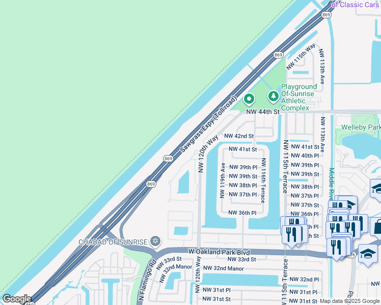 map of restaurants, bars, coffee shops, grocery stores, and more near 3963 Northwest 122nd Terrace in Sunrise