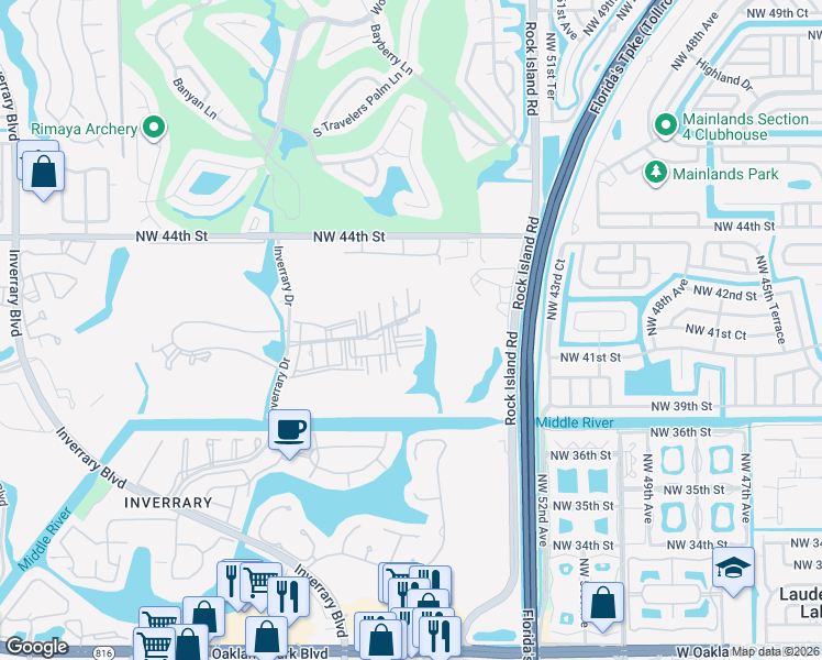 map of restaurants, bars, coffee shops, grocery stores, and more near 4164 Inverrary Drive in Lauderhill