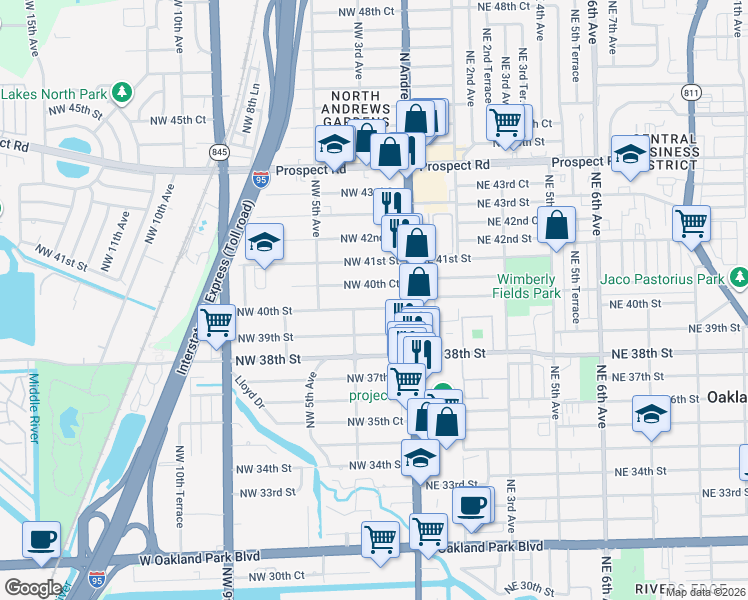 map of restaurants, bars, coffee shops, grocery stores, and more near 241 Northwest 40th Street in Oakland Park