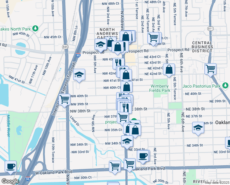 map of restaurants, bars, coffee shops, grocery stores, and more near 146 Northwest 40th Court in Oakland Park