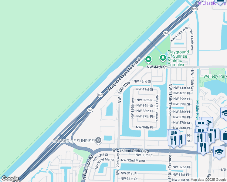 map of restaurants, bars, coffee shops, grocery stores, and more near 3937 Northwest 122nd Terrace in Sunrise