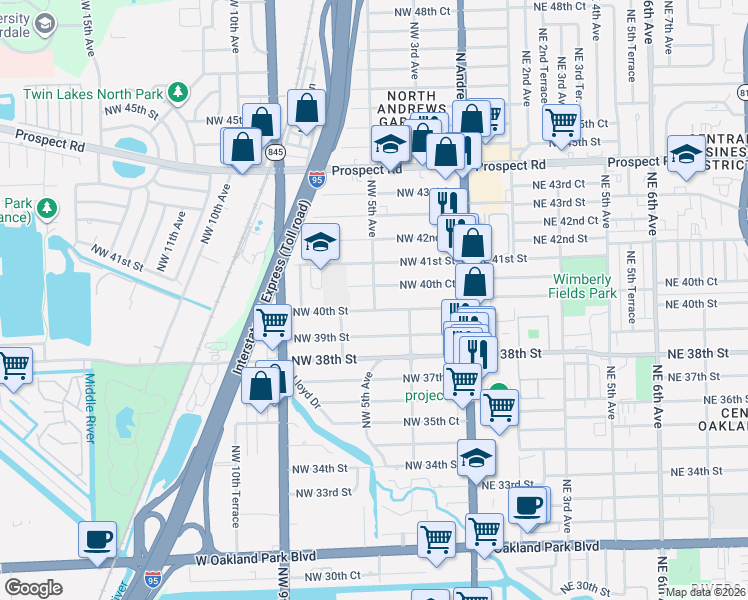 map of restaurants, bars, coffee shops, grocery stores, and more near 4027 Northwest 5th Avenue in Oakland Park
