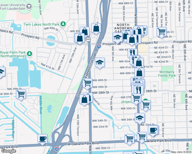 map of restaurants, bars, coffee shops, grocery stores, and more near 4051 Northeast 8th Terrace in Oakland Park
