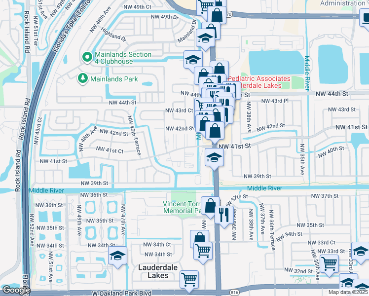 map of restaurants, bars, coffee shops, grocery stores, and more near 4281 Northwest 41st Street in Lauderdale Lakes