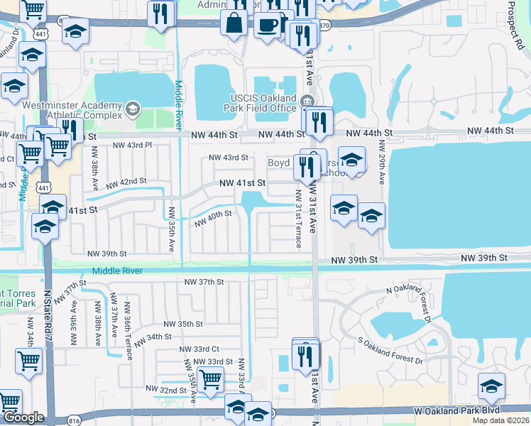 map of restaurants, bars, coffee shops, grocery stores, and more near 3201 Northwest 40th Street in Lauderdale Lakes