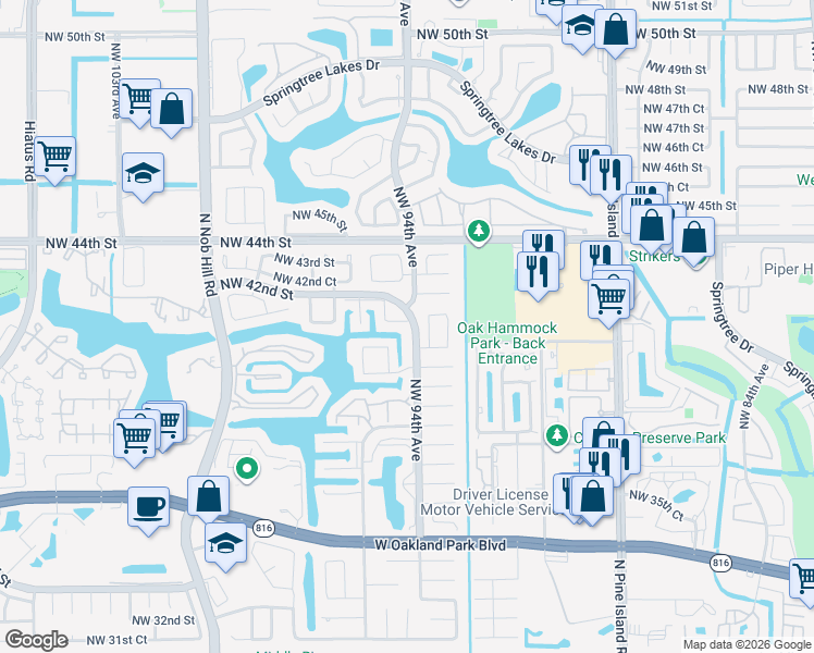 map of restaurants, bars, coffee shops, grocery stores, and more near 9381 Northwest 41st Place in Sunrise
