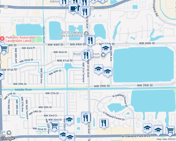 map of restaurants, bars, coffee shops, grocery stores, and more near 4021 Northwest 30th Terrace in Lauderdale Lakes