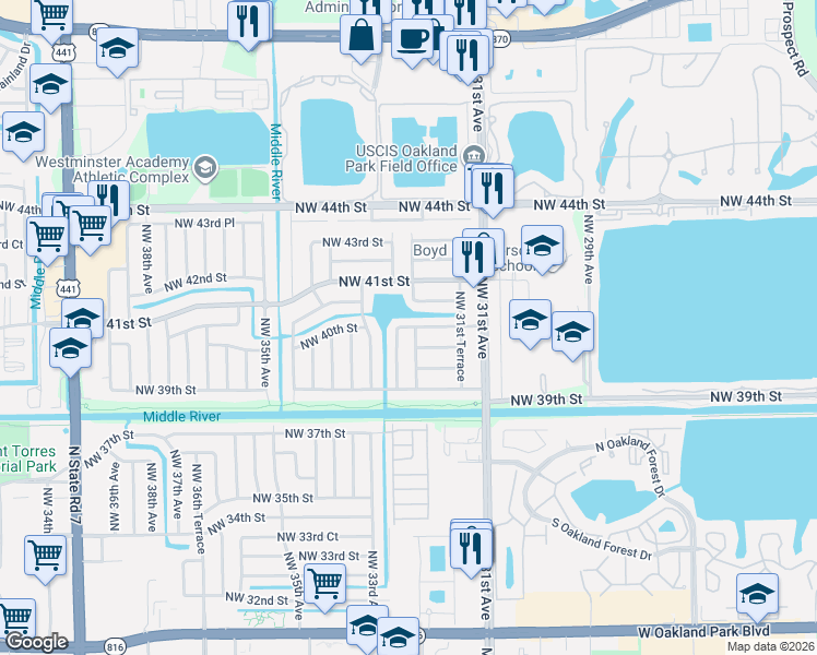 map of restaurants, bars, coffee shops, grocery stores, and more near 3201 Northwest 40th Street in Lauderdale Lakes