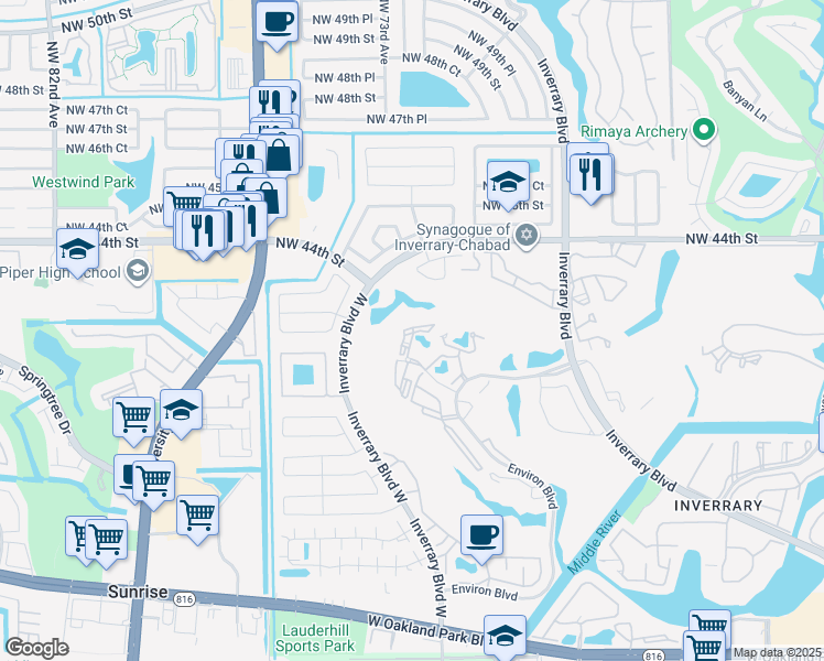 map of restaurants, bars, coffee shops, grocery stores, and more near 7400 Radice Court in Lauderhill