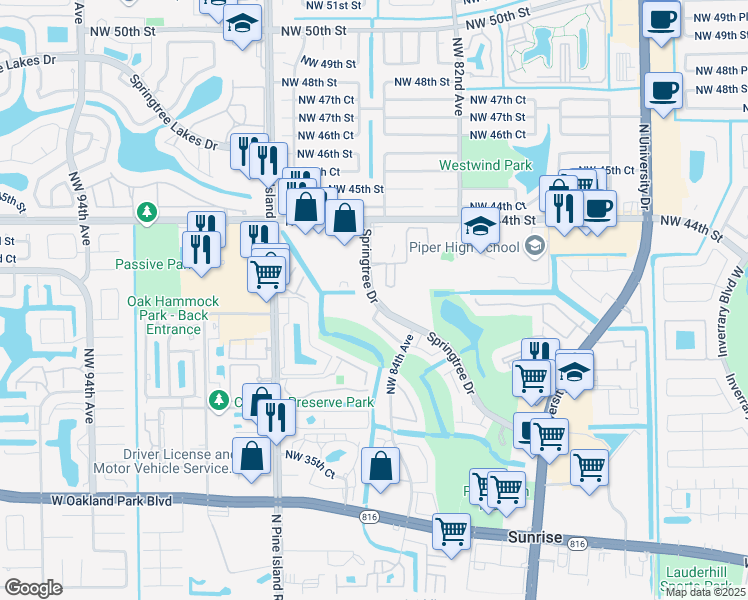 map of restaurants, bars, coffee shops, grocery stores, and more near 4300 Springtree Drive in Sunrise
