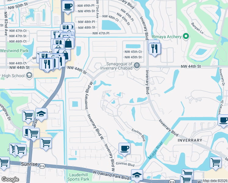 map of restaurants, bars, coffee shops, grocery stores, and more near 7051 Environ Boulevard in Lauderhill